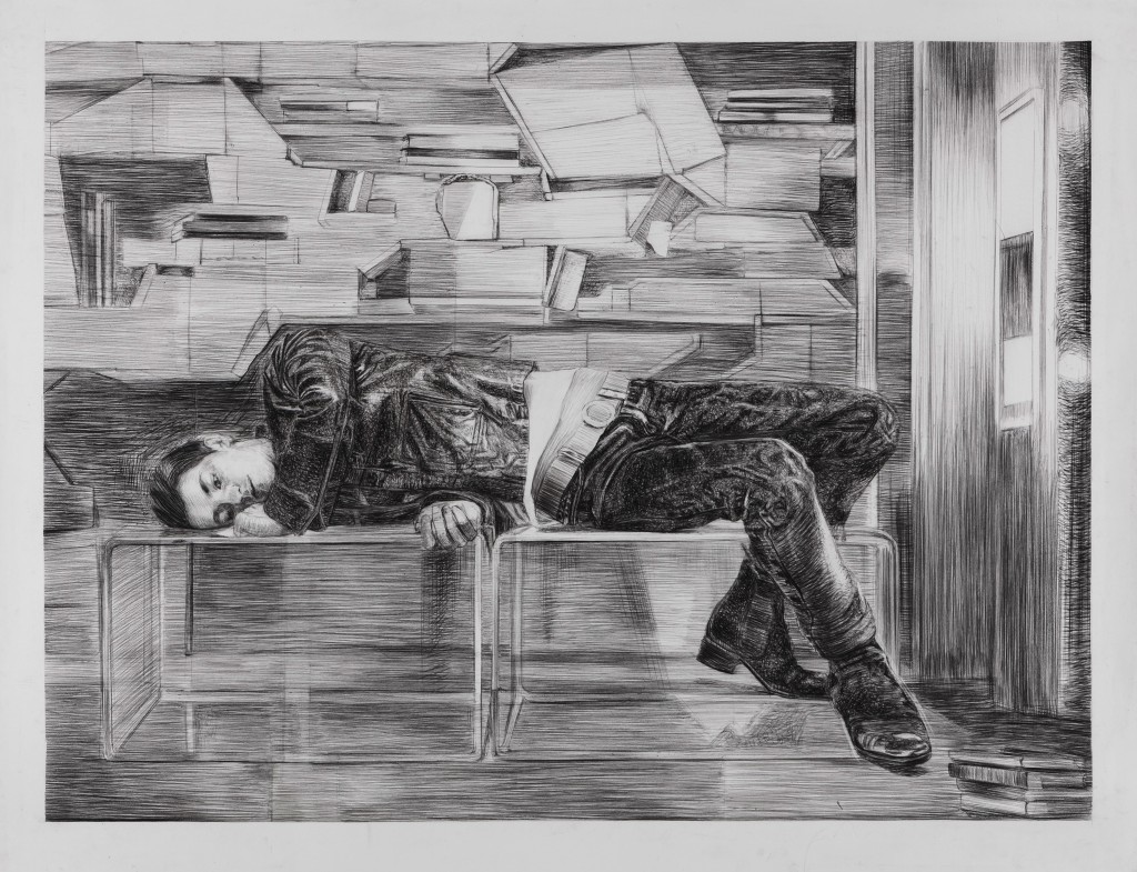 Iris Levasseur - Betty Bibliothèque - Fusain et graphite sur papier, 114 x 146 cm, 2014