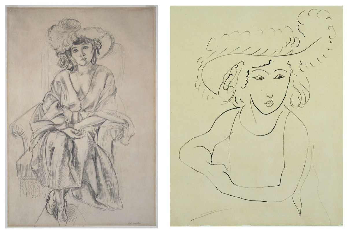 Henri Matisse (1869-1954) Le chapeau à plume (1919) à gauche au crayon et à droite à l
