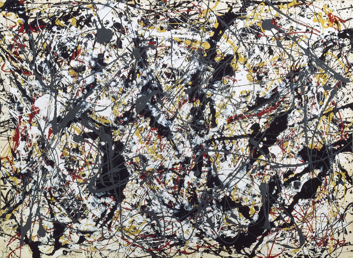 Jackson Pollock (1912-1956) Peinture - 1948 - argent sur noir, blanc, jaune et rouge - peinture industrielle