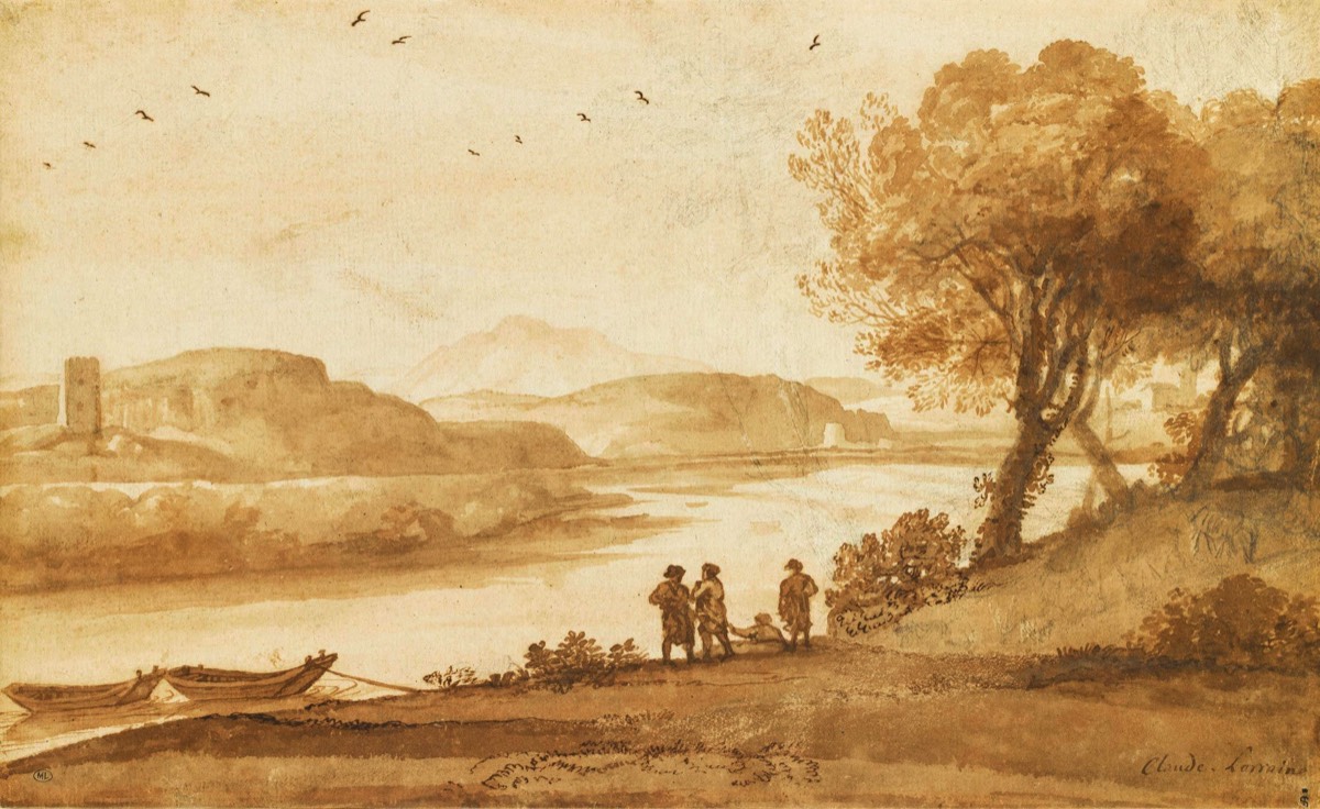 Claude Gellée, dit le Lorrain - Vue du Tibre près de la Torre di Quinto 1640-1645 Plume et encre brune, lavis brun