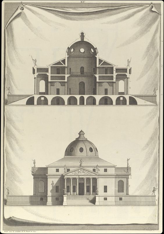 Andrea Palladio (1508-1580) Villa Rotonda (1560-1570) - Crayon sur papier avec effet illusionniste  de tissu