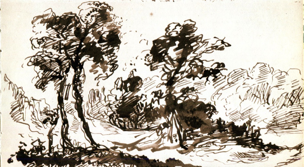 Eugène Delacroix 1798-1863- Croquis paysage boisé - Plume et lavis