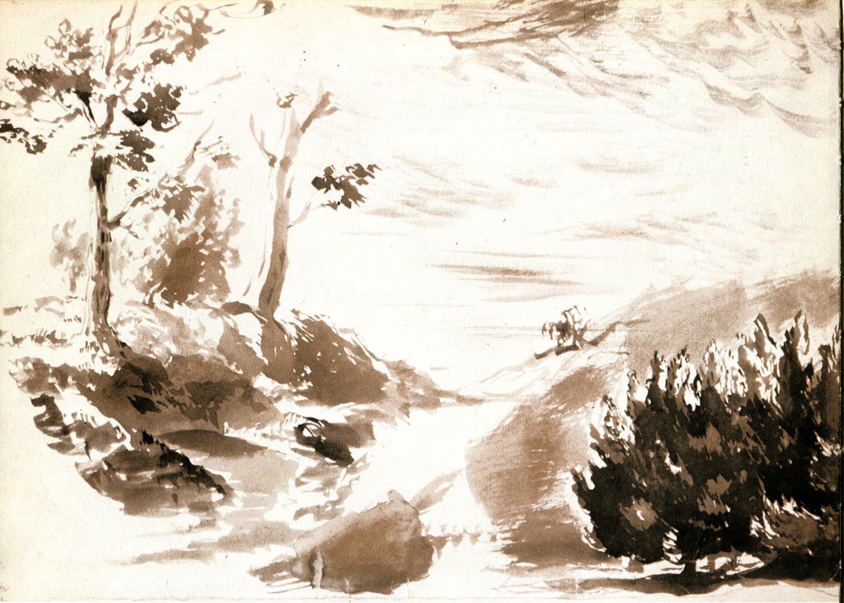 Eugène Delacroix 1798-1863- Croquis paysage - lavis